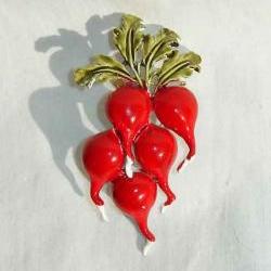 Vintage 40s Coro Red Enamel Radish Radishes Brooch Pin